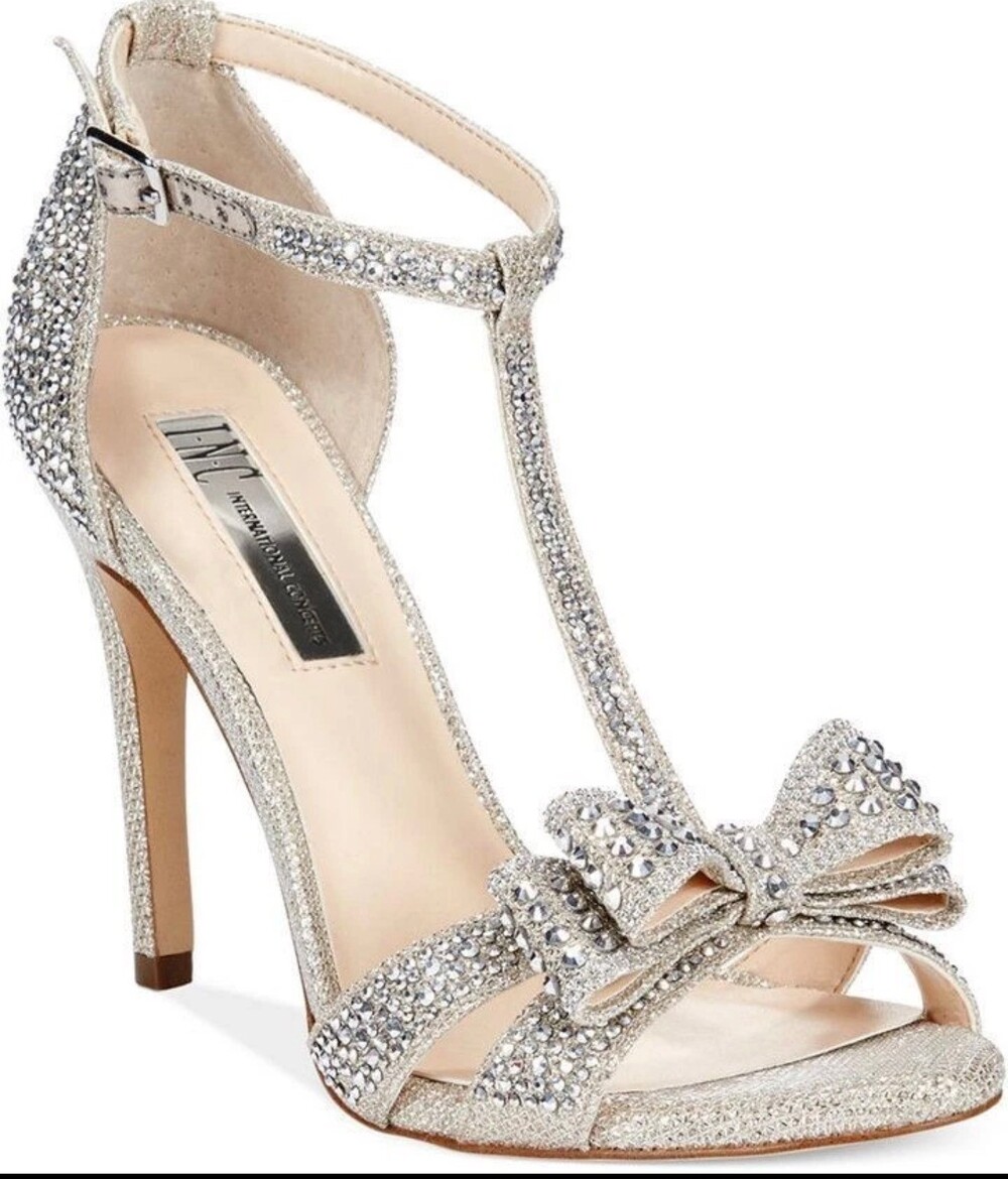 INC International Concepts Reesie Rhinestone Bow Heels Silver Open Toe sz 8